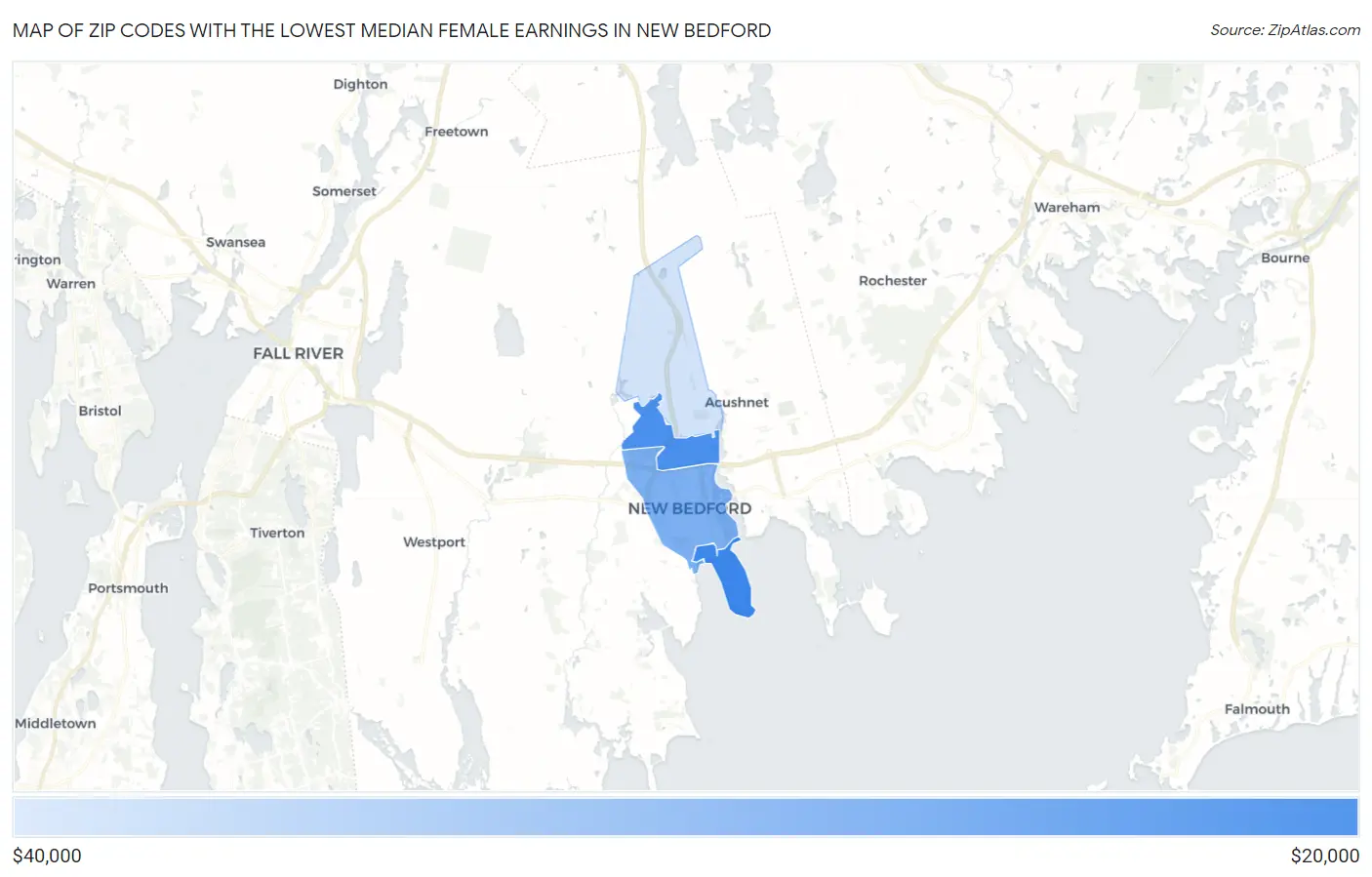 Zip Codes with the Lowest Median Female Earnings in New Bedford Map