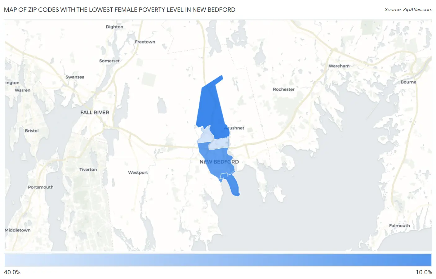Zip Codes with the Lowest Female Poverty Level in New Bedford Map