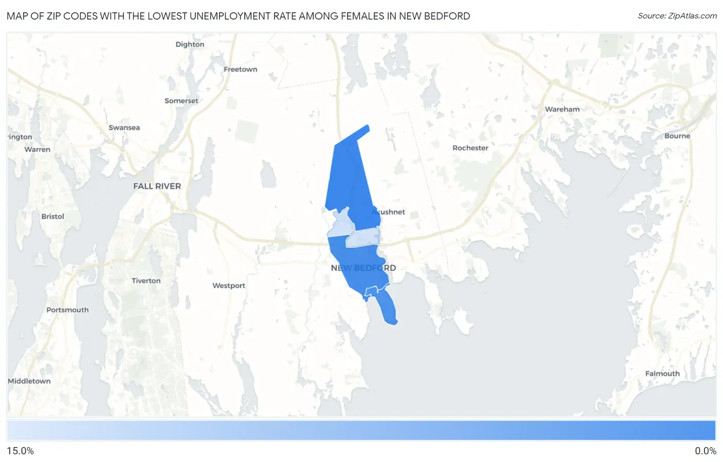 Zip Codes with the Lowest Unemployment Rate Among Females in New Bedford Map