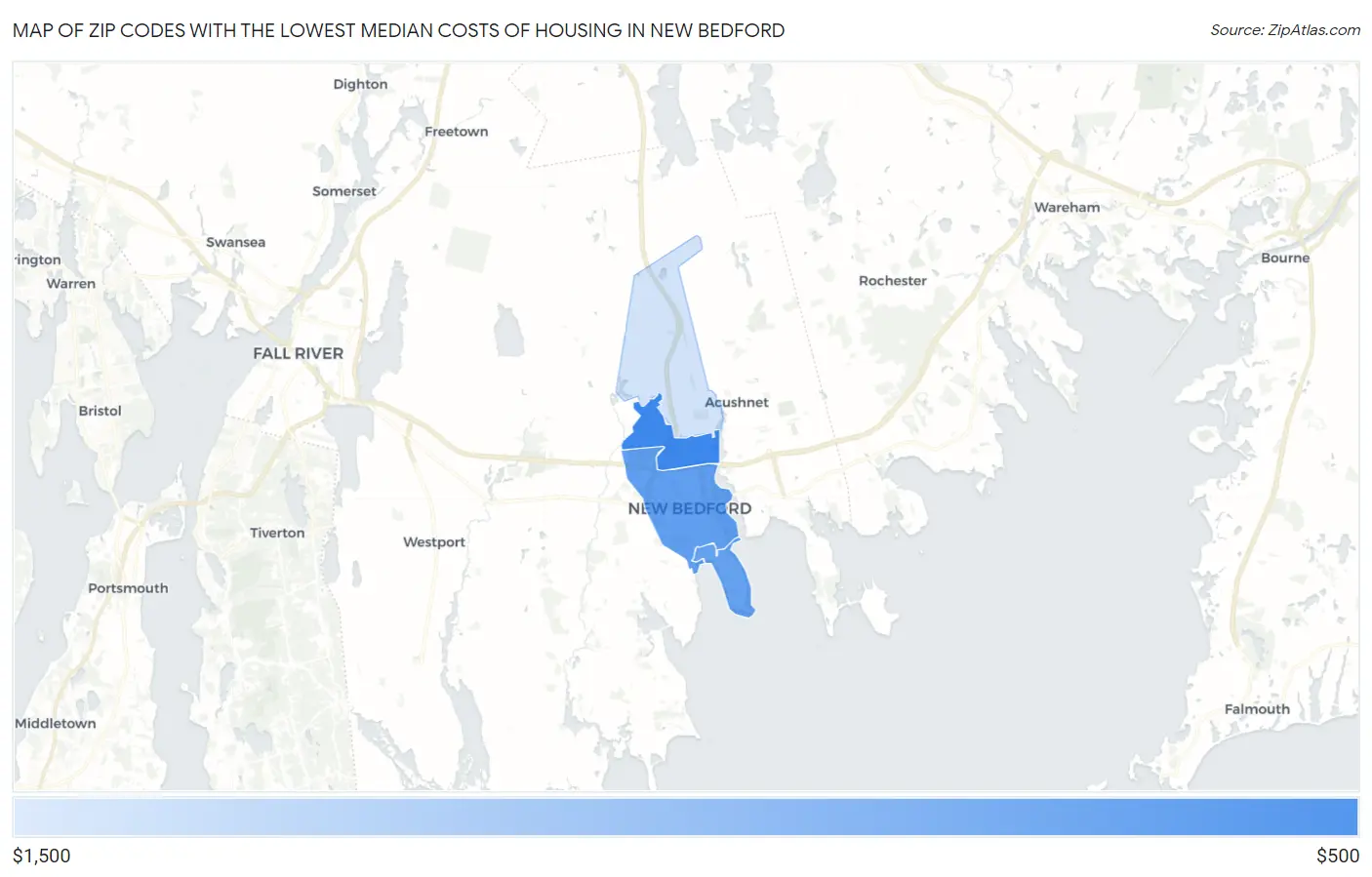 Zip Codes with the Lowest Median Costs of Housing in New Bedford Map