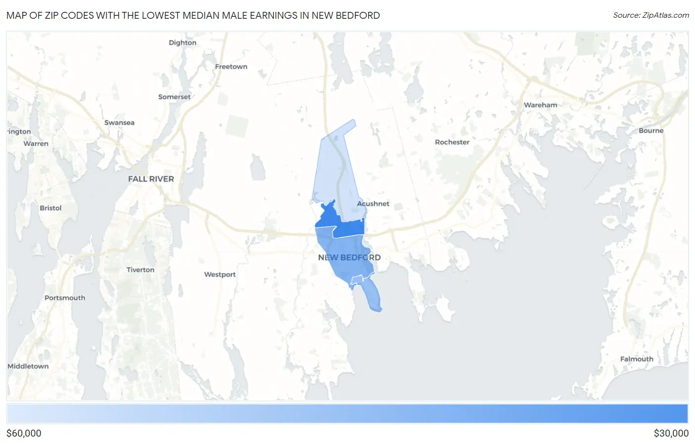 Zip Codes with the Lowest Median Male Earnings in New Bedford Map