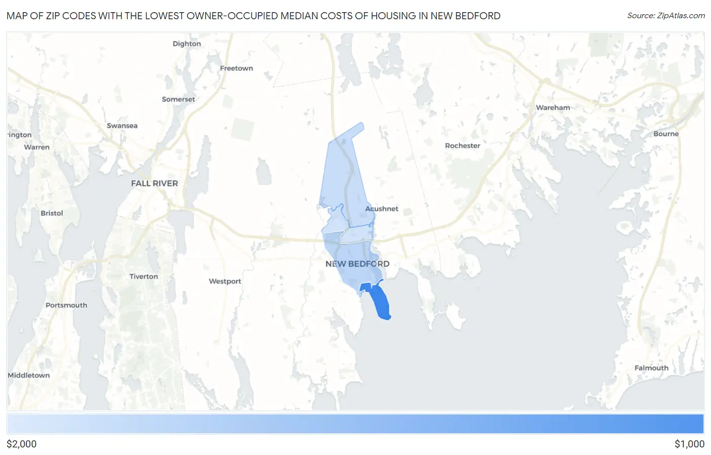 Zip Codes with the Lowest Owner-Occupied Median Costs of Housing in New Bedford Map