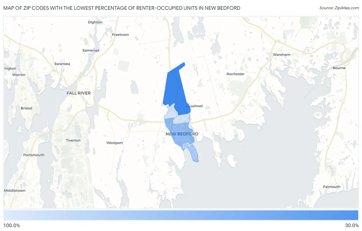 Zip Codes with the Lowest Percentage of Renter-Occupied Units in New Bedford Map