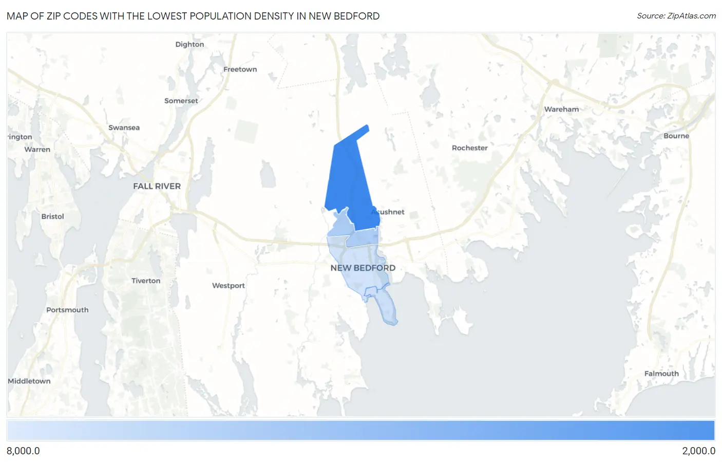 Zip Codes with the Lowest Population Density in New Bedford Map