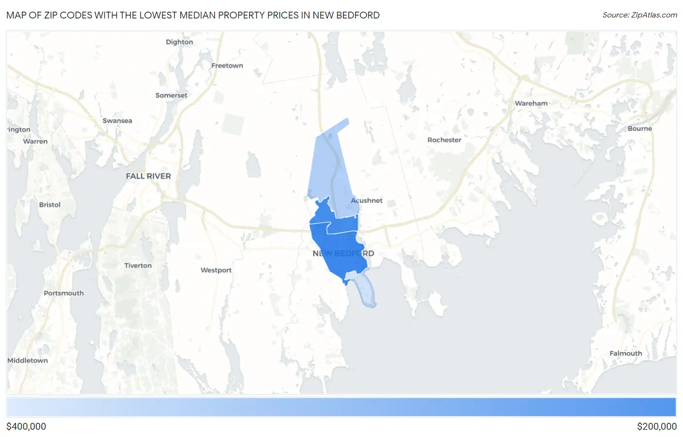 Zip Codes with the Lowest Median Property Prices in New Bedford Map