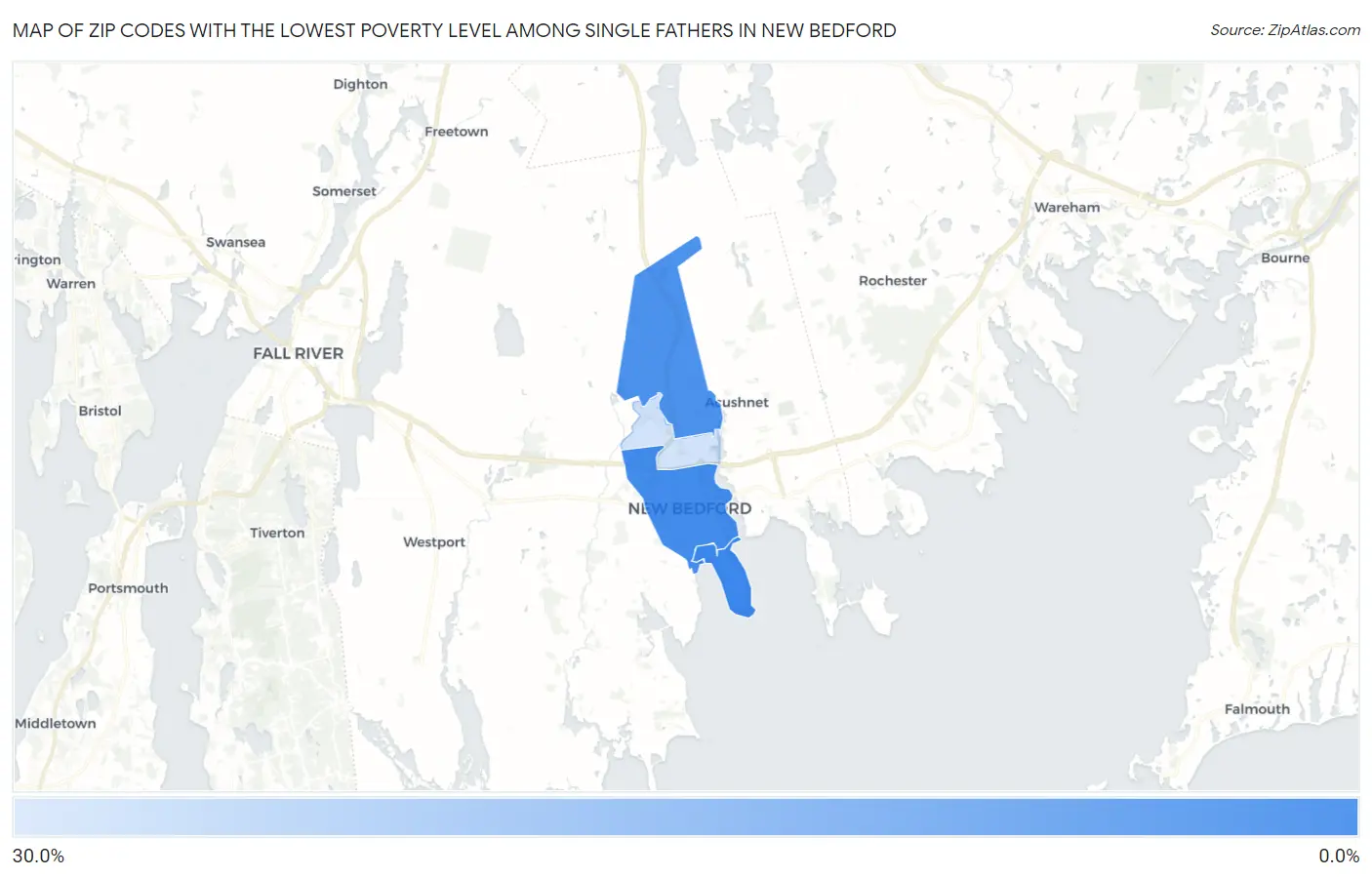 Zip Codes with the Lowest Poverty Level Among Single Fathers in New Bedford Map