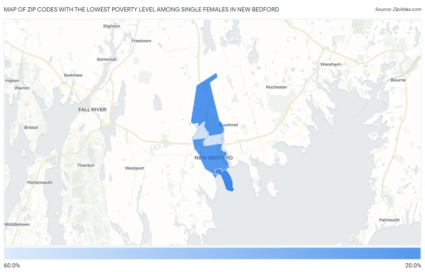 Zip Codes with the Lowest Poverty Level Among Single Females in New Bedford Map