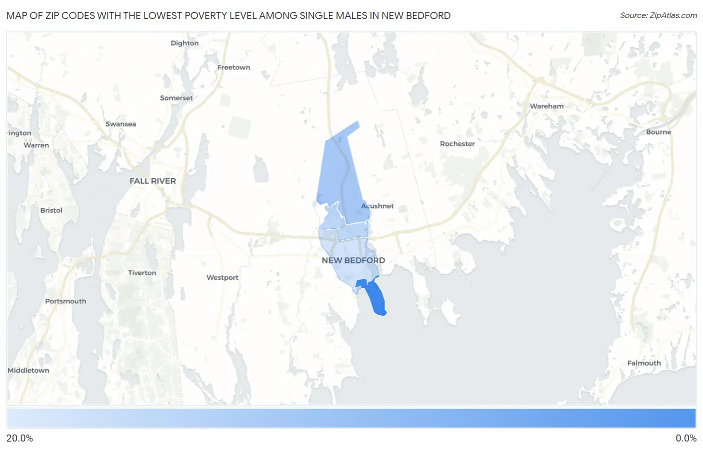 Zip Codes with the Lowest Poverty Level Among Single Males in New Bedford Map