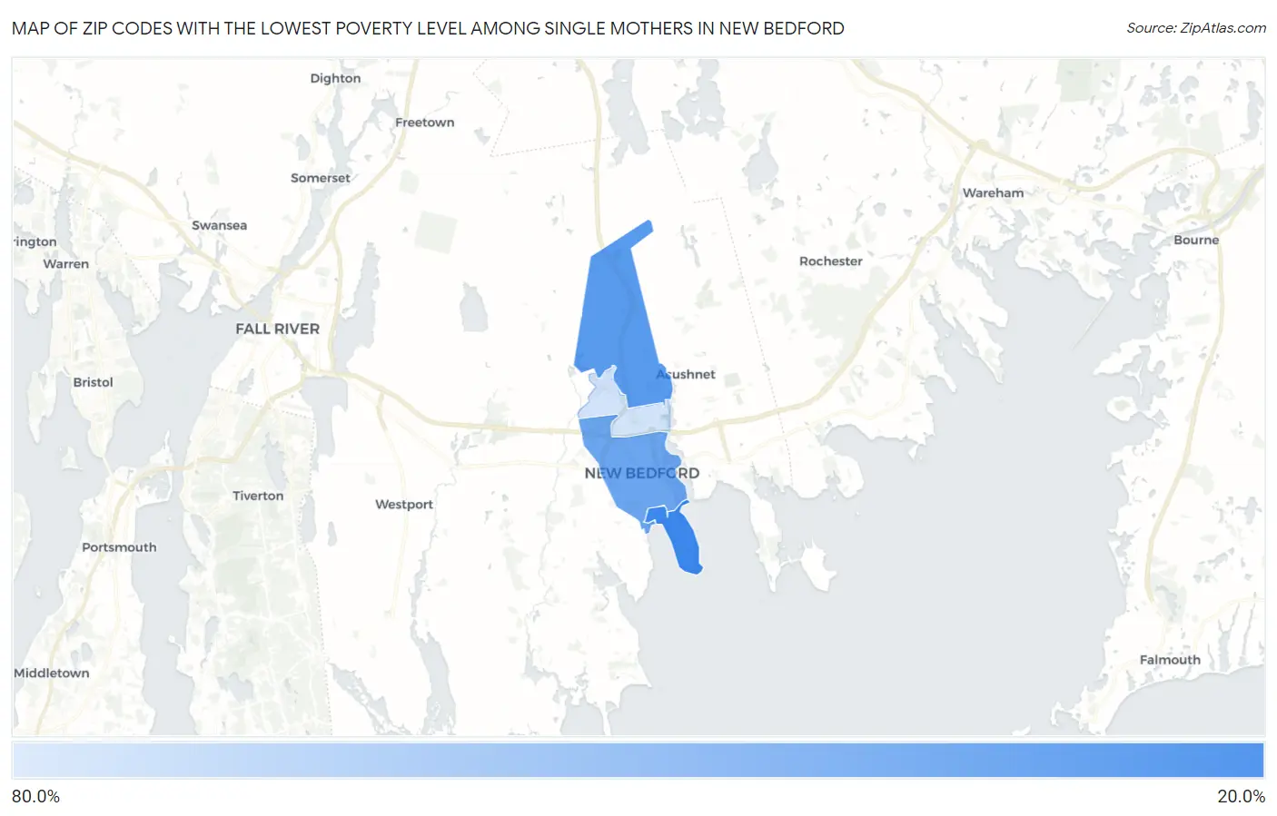 Zip Codes with the Lowest Poverty Level Among Single Mothers in New Bedford Map