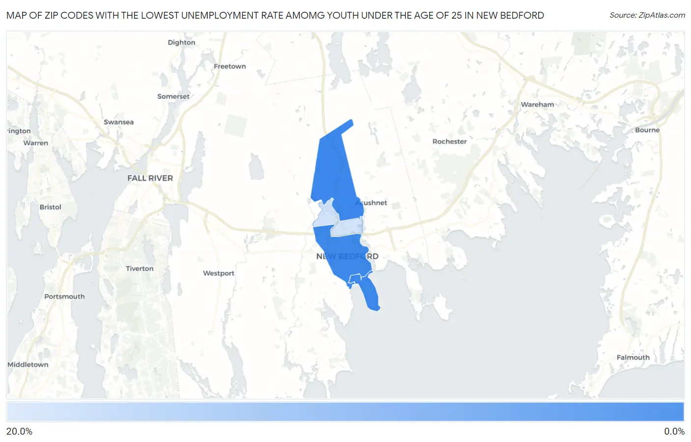 Zip Codes with the Lowest Unemployment Rate Amomg Youth Under the Age of 25 in New Bedford Map
