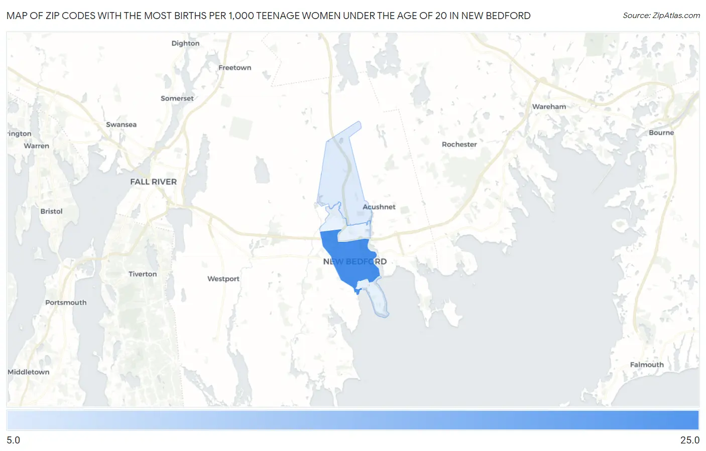 Zip Codes with the Most Births per 1,000 Teenage Women Under the Age of 20 in New Bedford Map