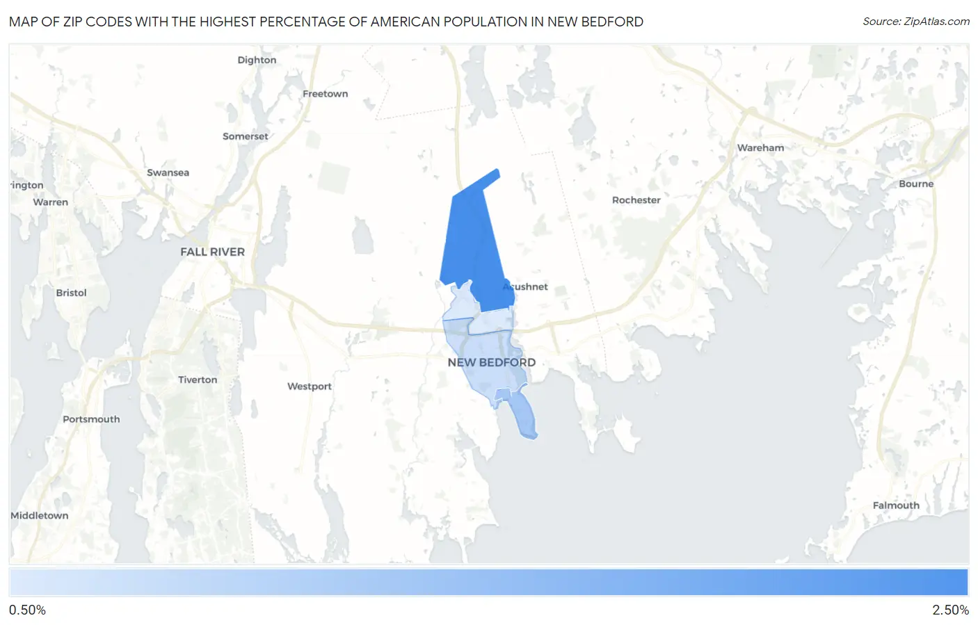 Zip Codes with the Highest Percentage of American Population in New Bedford Map