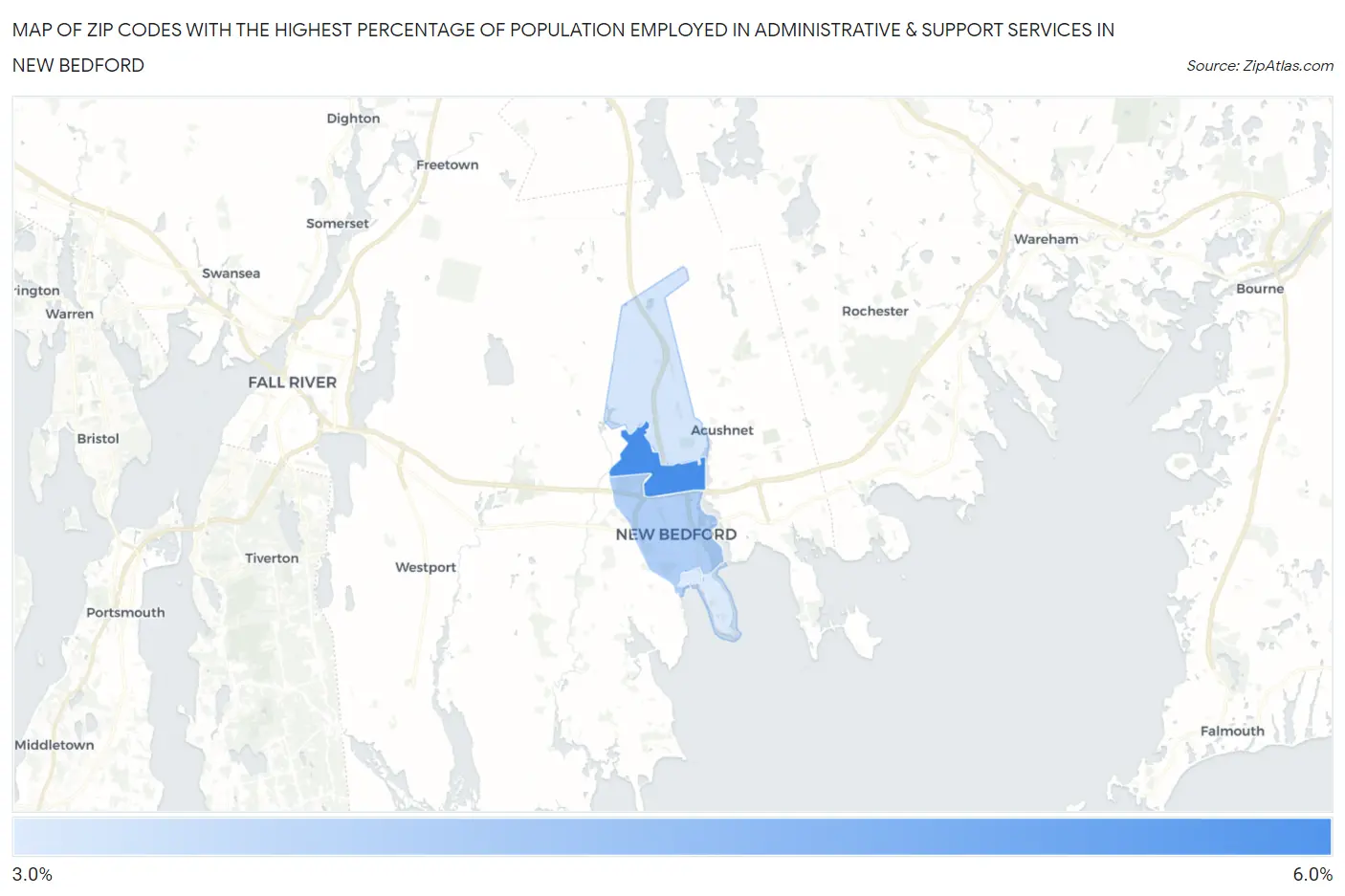 Zip Codes with the Highest Percentage of Population Employed in Administrative & Support Services in New Bedford Map