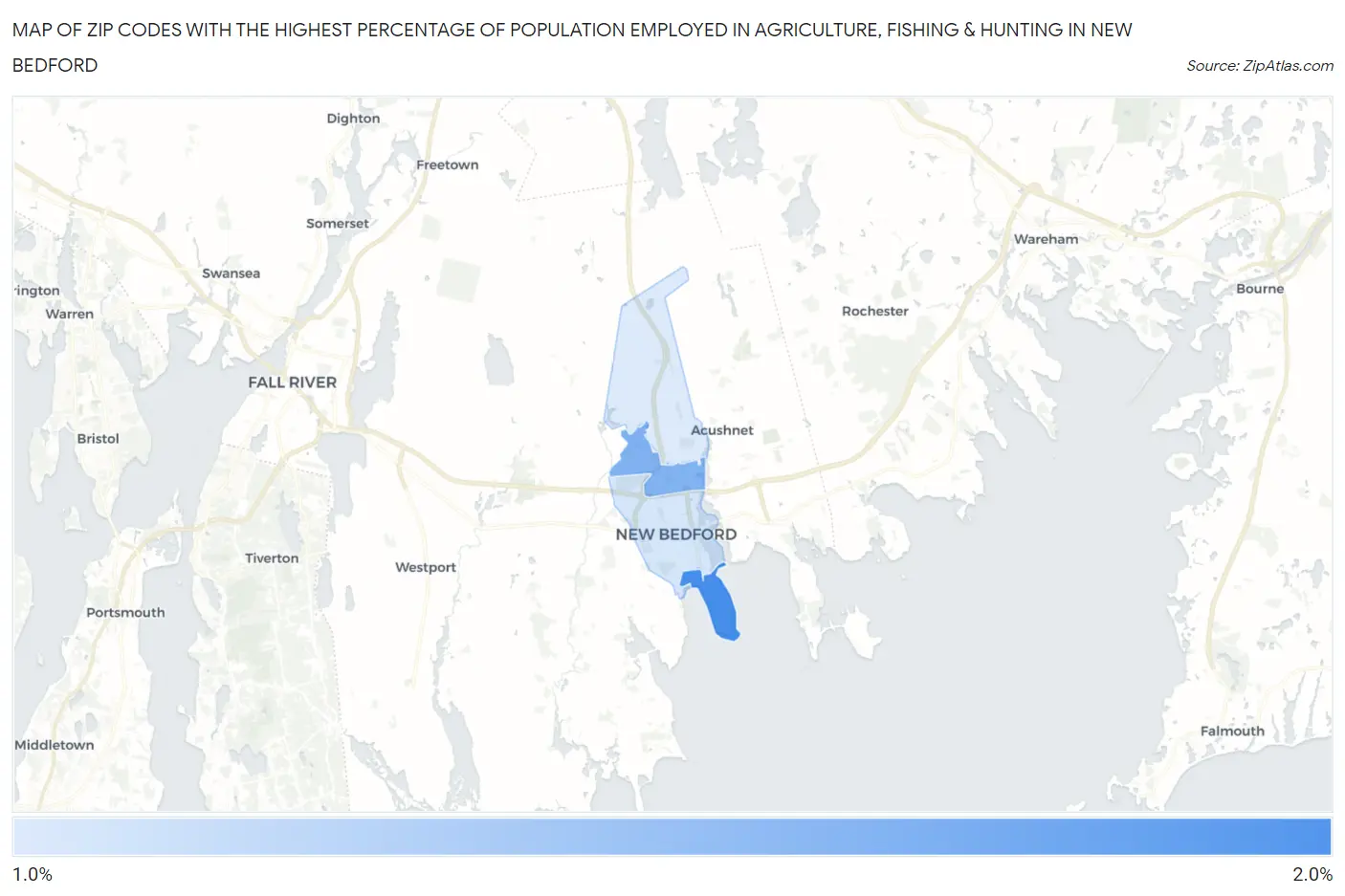 Zip Codes with the Highest Percentage of Population Employed in Agriculture, Fishing & Hunting in New Bedford Map