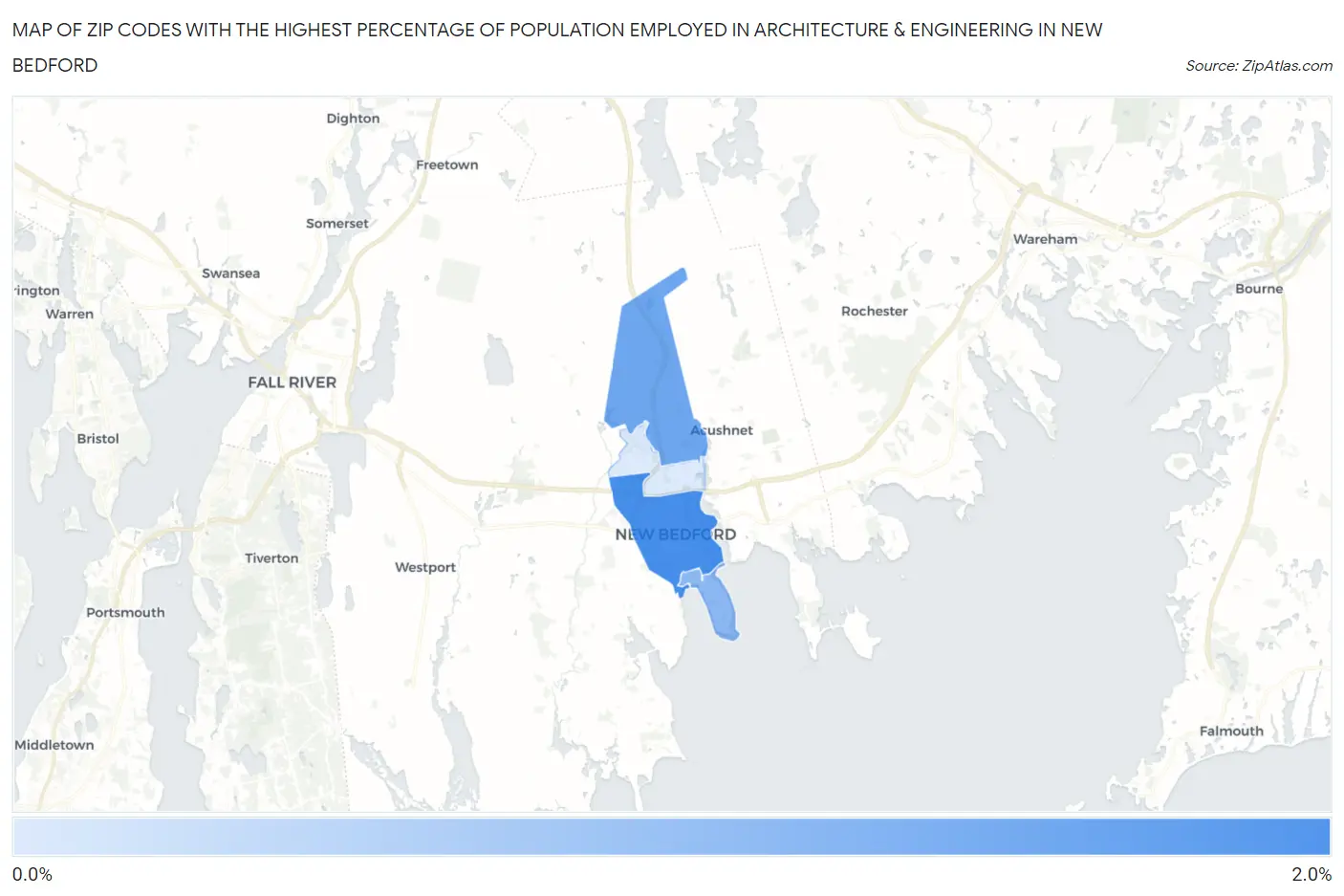 Zip Codes with the Highest Percentage of Population Employed in Architecture & Engineering in New Bedford Map