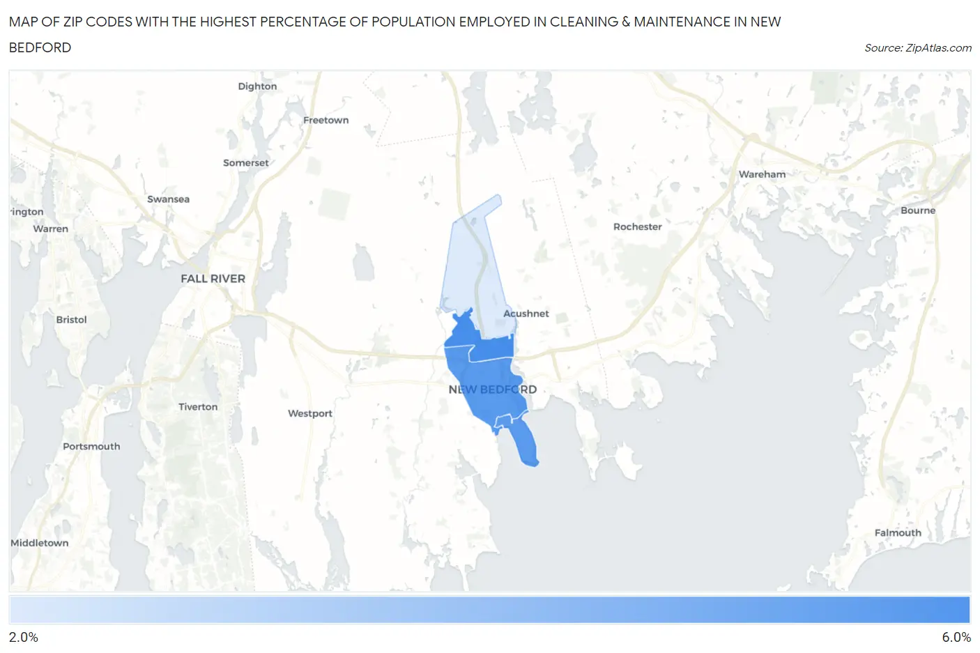 Zip Codes with the Highest Percentage of Population Employed in Cleaning & Maintenance in New Bedford Map