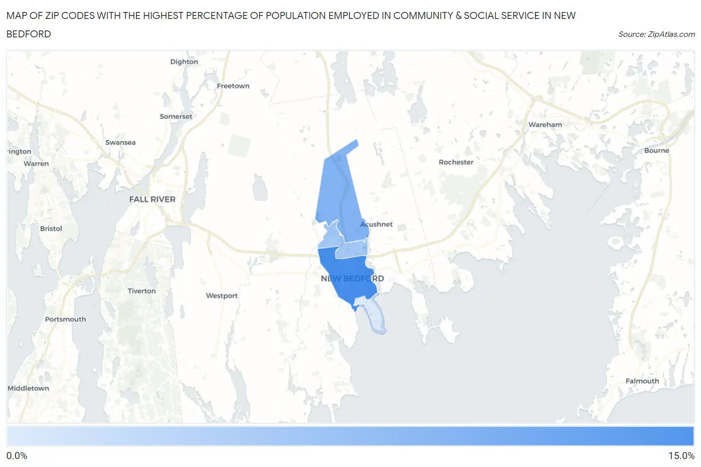 Zip Codes with the Highest Percentage of Population Employed in Community & Social Service  in New Bedford Map