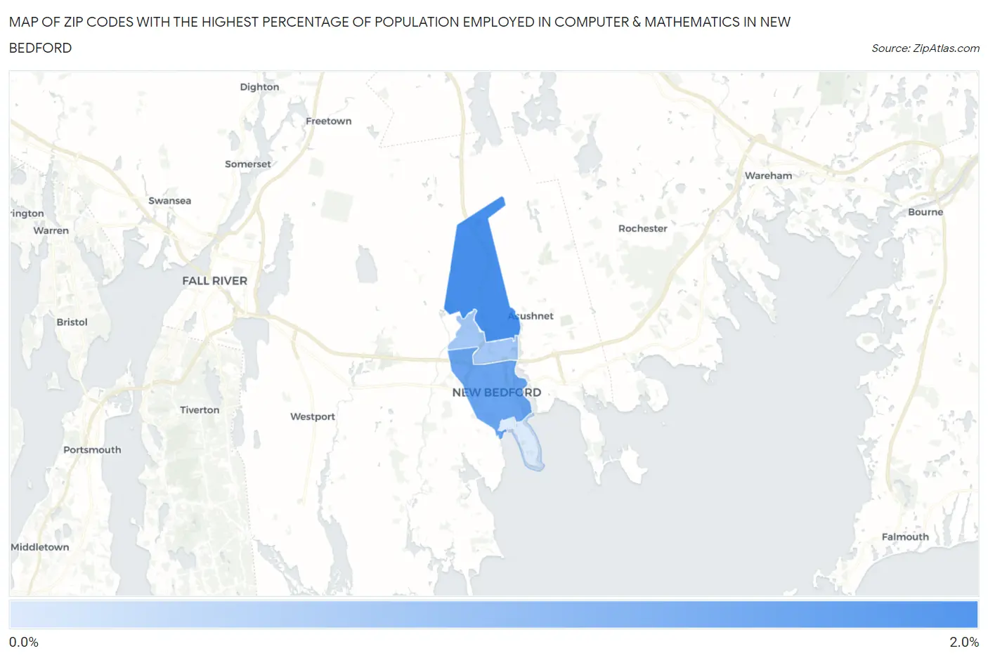 Zip Codes with the Highest Percentage of Population Employed in Computer & Mathematics in New Bedford Map