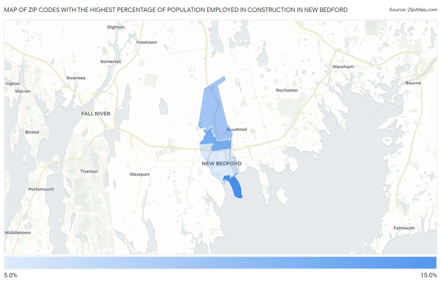 Zip Codes with the Highest Percentage of Population Employed in Construction in New Bedford Map