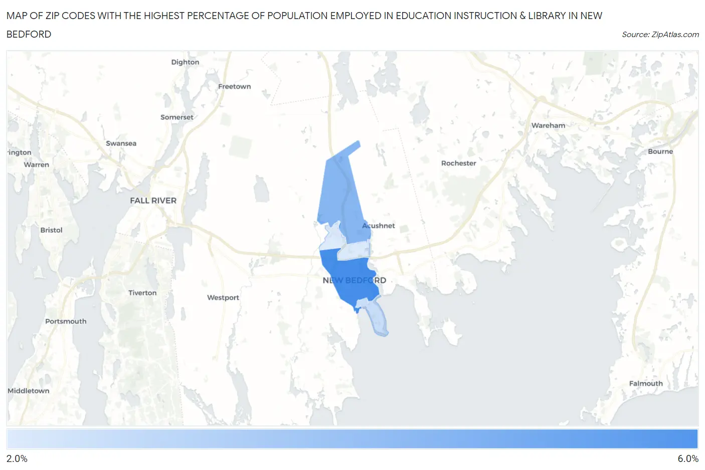 Zip Codes with the Highest Percentage of Population Employed in Education Instruction & Library in New Bedford Map