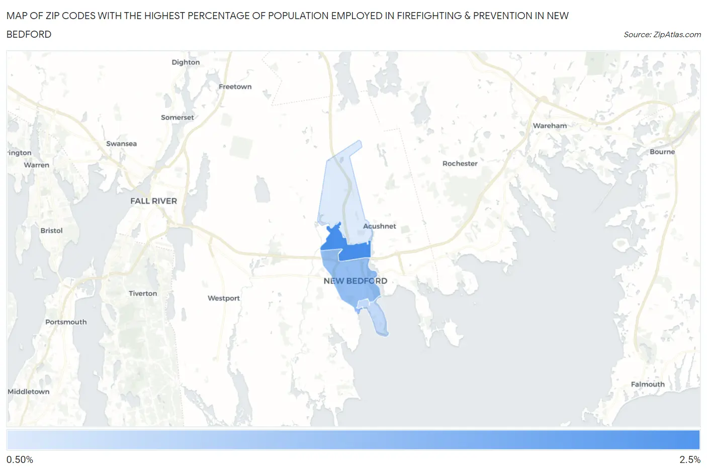 Zip Codes with the Highest Percentage of Population Employed in Firefighting & Prevention in New Bedford Map
