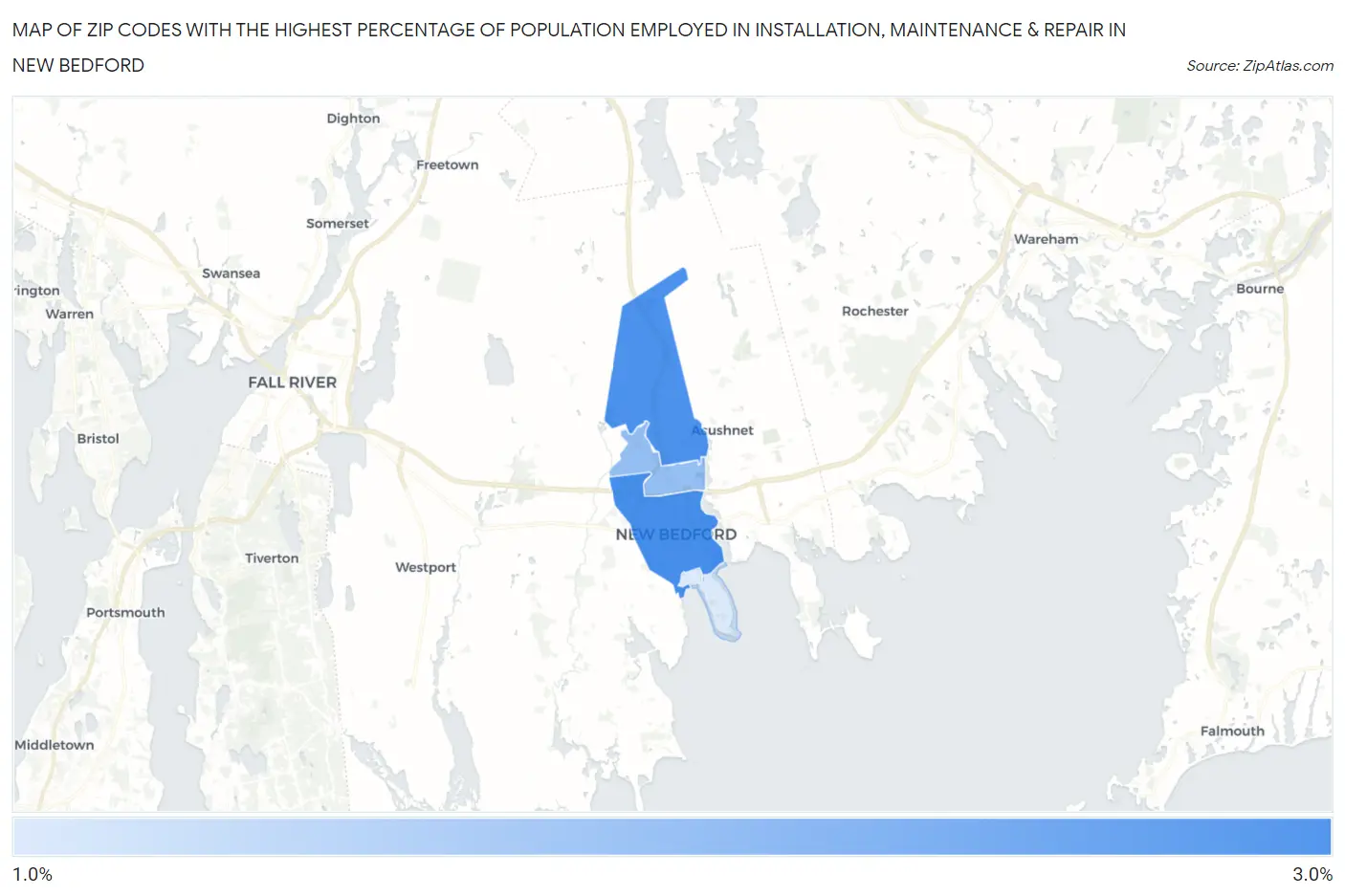 Zip Codes with the Highest Percentage of Population Employed in Installation, Maintenance & Repair in New Bedford Map