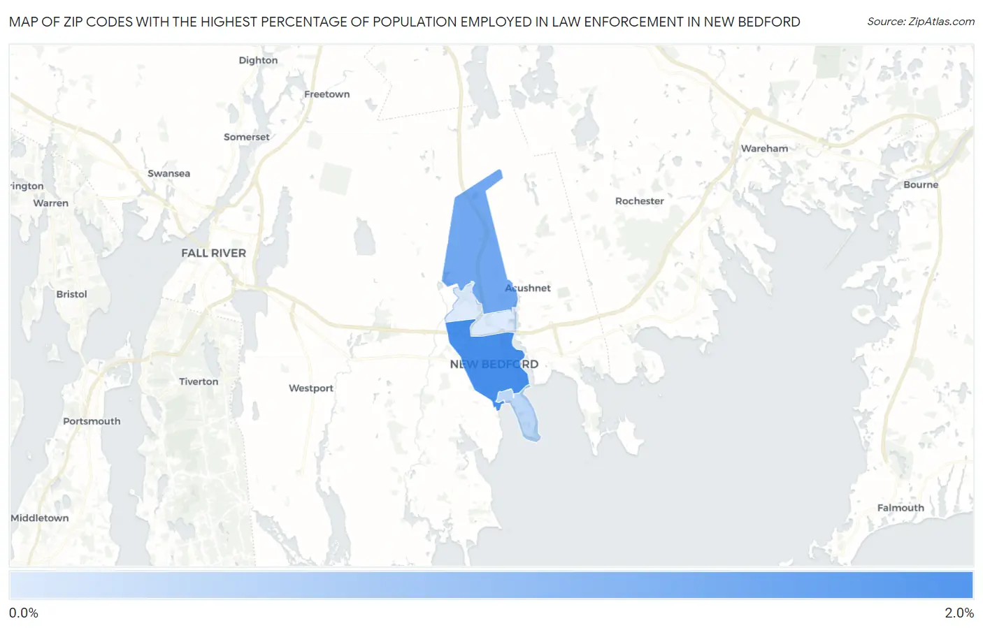 Zip Codes with the Highest Percentage of Population Employed in Law Enforcement in New Bedford Map