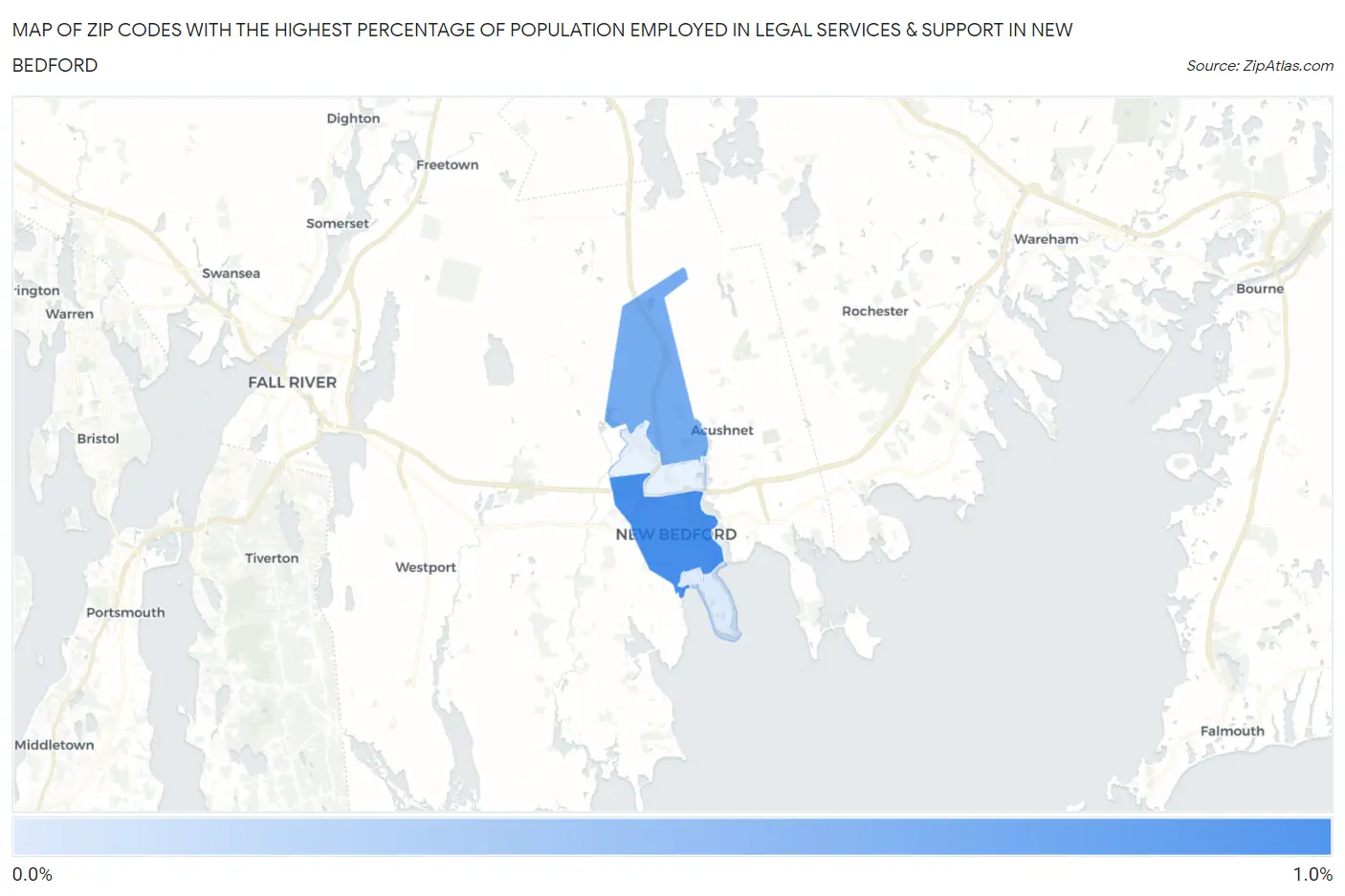 Zip Codes with the Highest Percentage of Population Employed in Legal Services & Support in New Bedford Map
