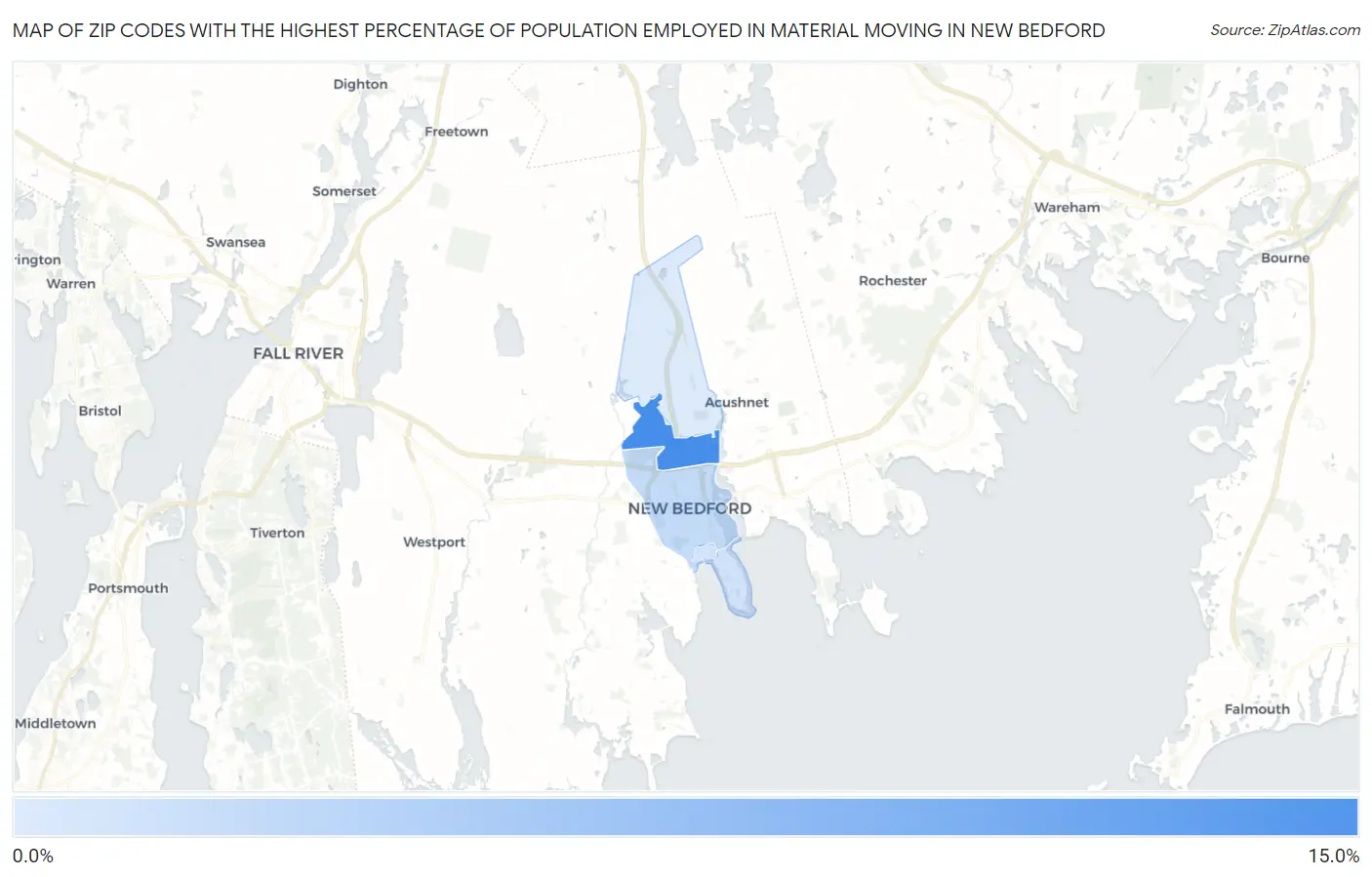 Zip Codes with the Highest Percentage of Population Employed in Material Moving in New Bedford Map