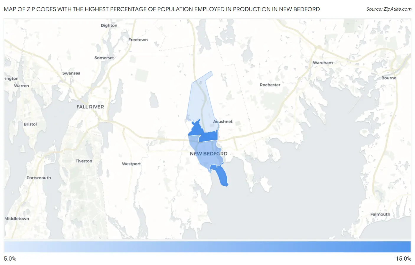 Zip Codes with the Highest Percentage of Population Employed in Production in New Bedford Map