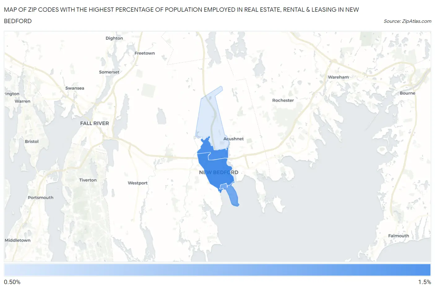 Zip Codes with the Highest Percentage of Population Employed in Real Estate, Rental & Leasing in New Bedford Map