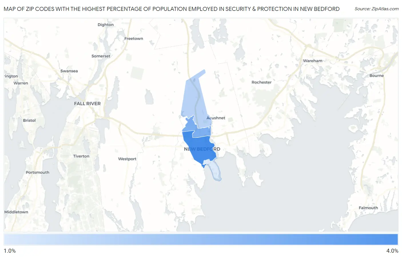 Zip Codes with the Highest Percentage of Population Employed in Security & Protection in New Bedford Map