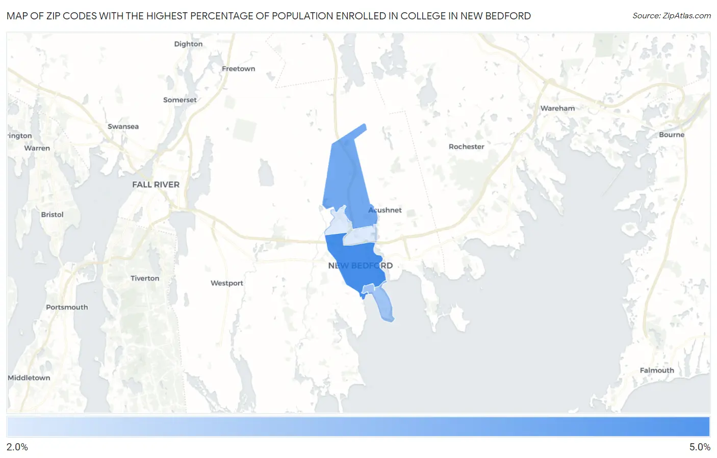 Zip Codes with the Highest Percentage of Population Enrolled in College in New Bedford Map