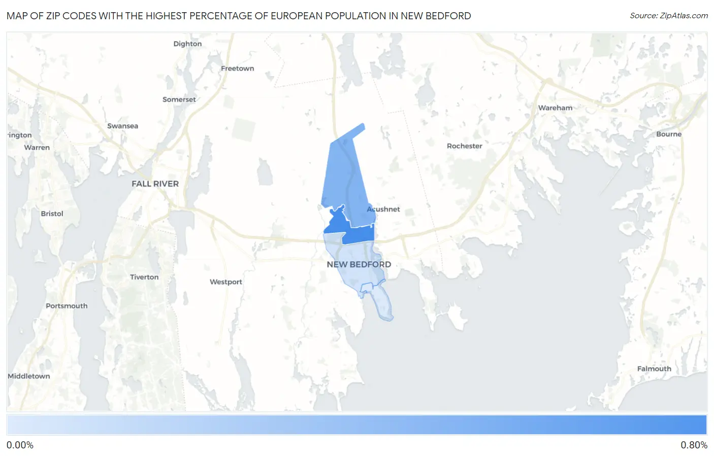 Zip Codes with the Highest Percentage of European Population in New Bedford Map
