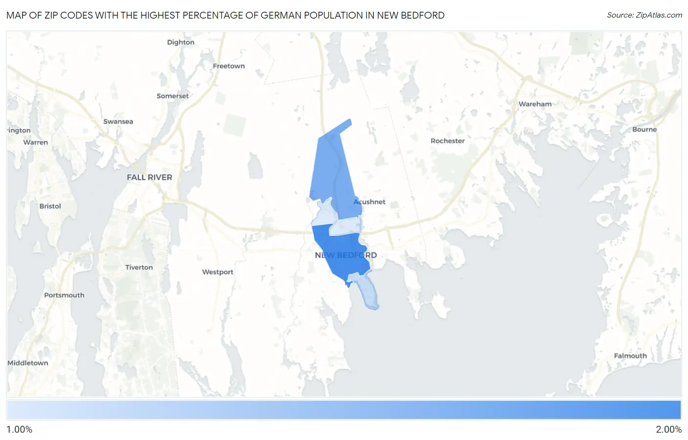Zip Codes with the Highest Percentage of German Population in New Bedford Map