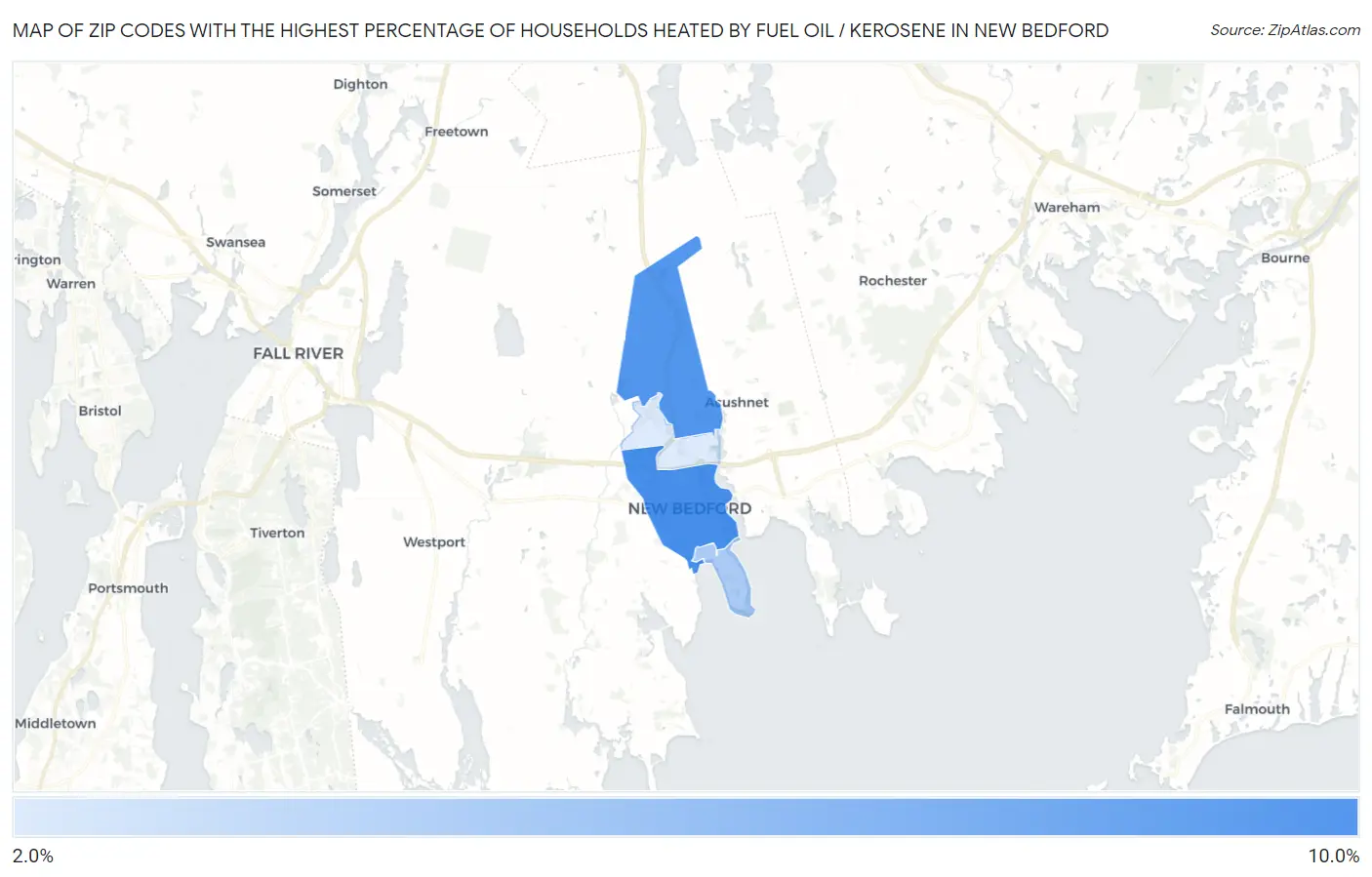 Zip Codes with the Highest Percentage of Households Heated by Fuel Oil / Kerosene in New Bedford Map