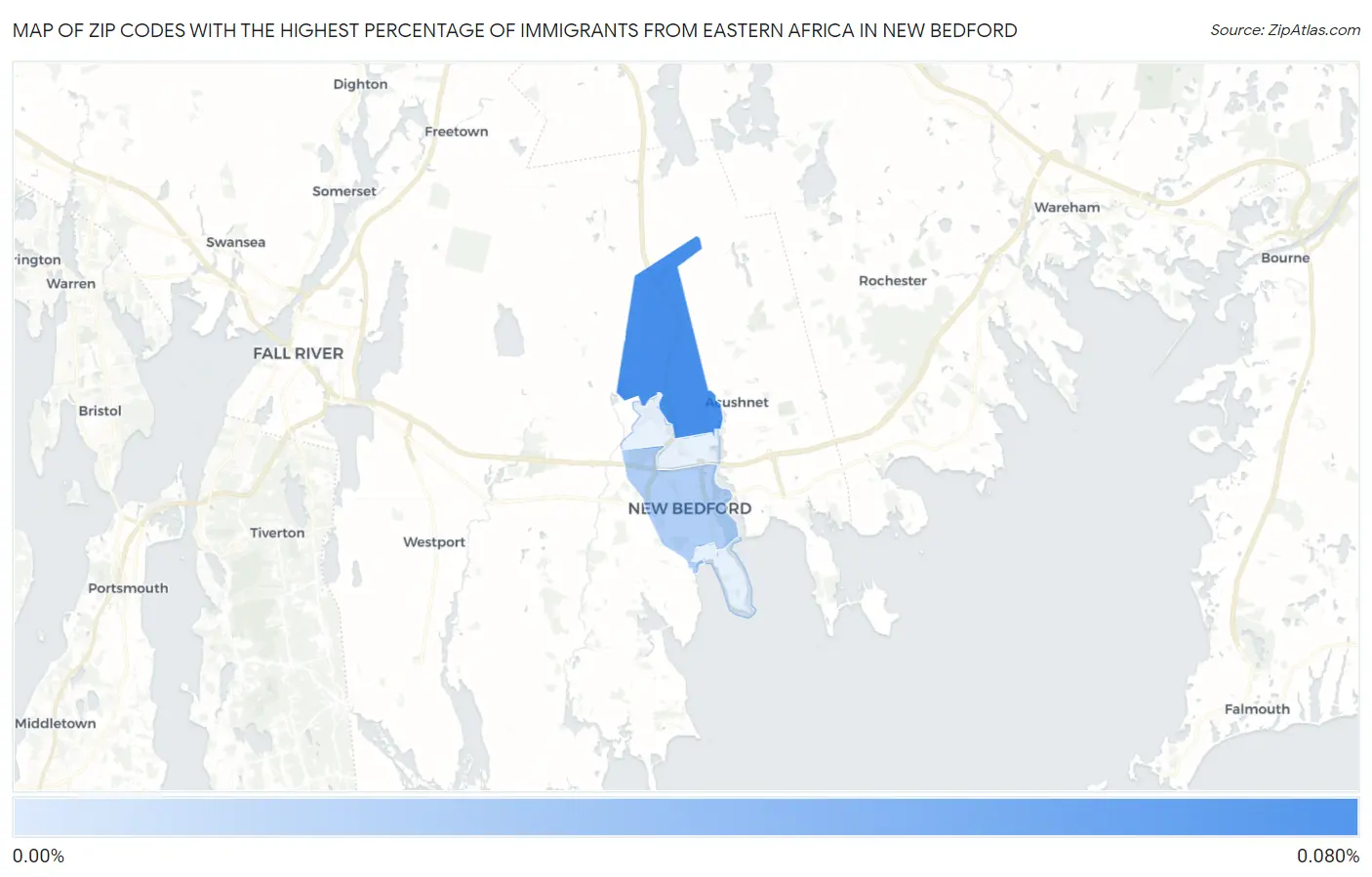 Zip Codes with the Highest Percentage of Immigrants from Eastern Africa in New Bedford Map