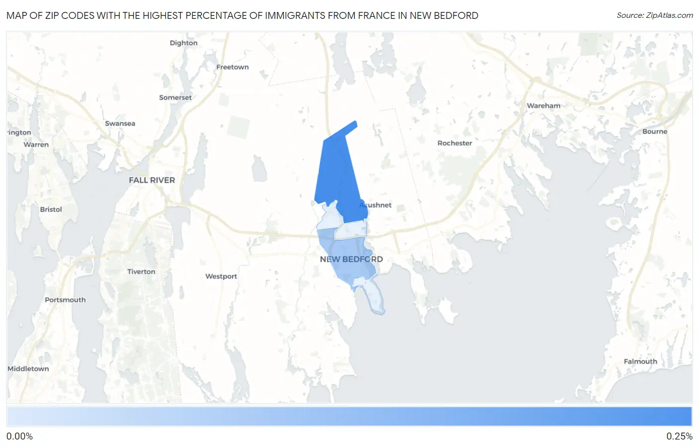 Zip Codes with the Highest Percentage of Immigrants from France in New Bedford Map