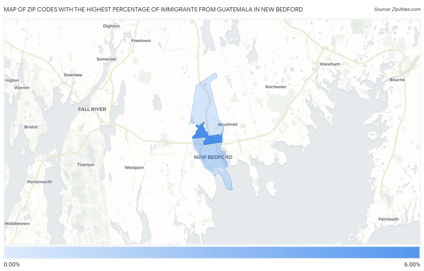 Zip Codes with the Highest Percentage of Immigrants from Guatemala in New Bedford Map