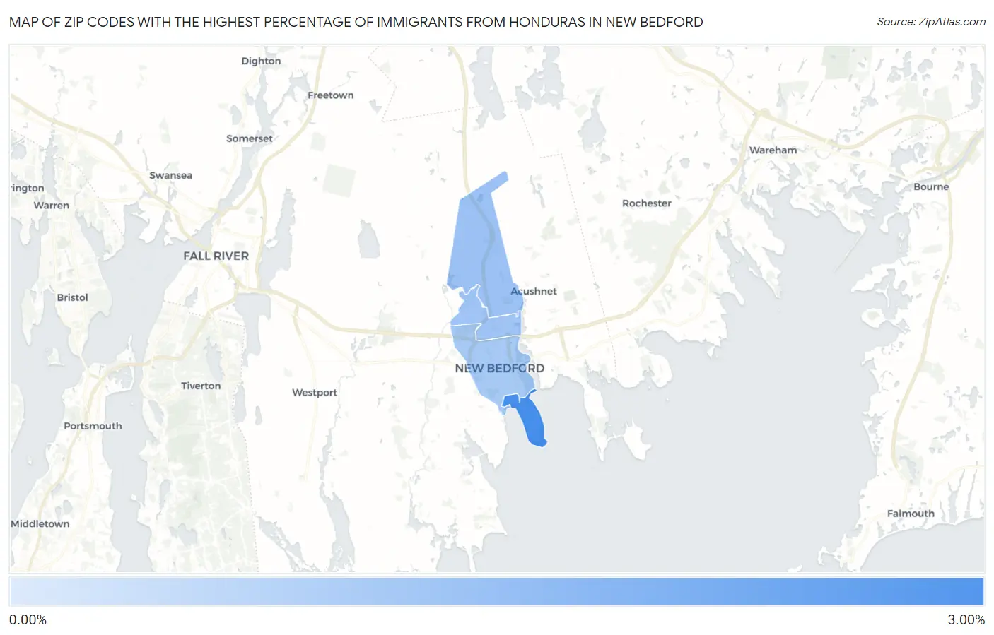 Zip Codes with the Highest Percentage of Immigrants from Honduras in New Bedford Map