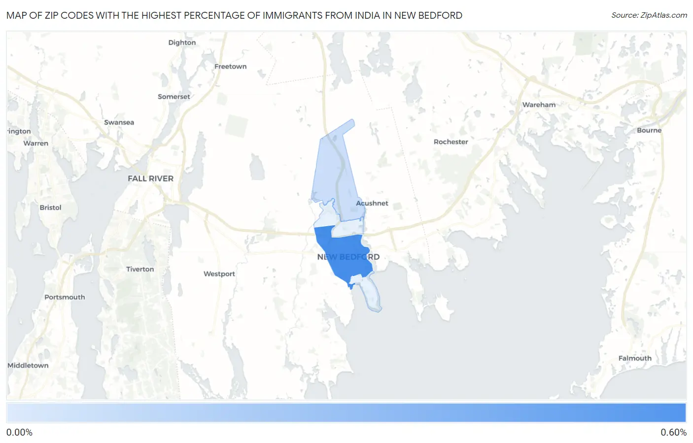 Zip Codes with the Highest Percentage of Immigrants from India in New Bedford Map