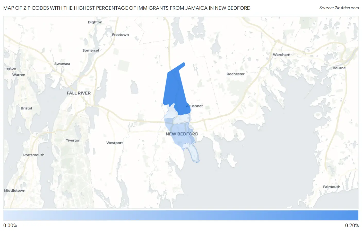 Zip Codes with the Highest Percentage of Immigrants from Jamaica in New Bedford Map
