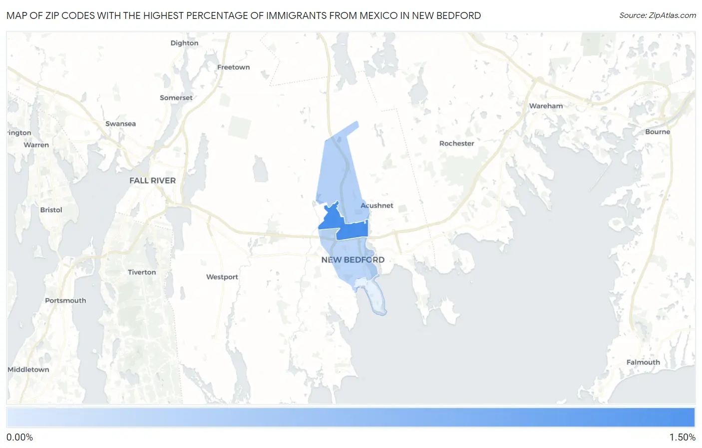Zip Codes with the Highest Percentage of Immigrants from Mexico in New Bedford Map
