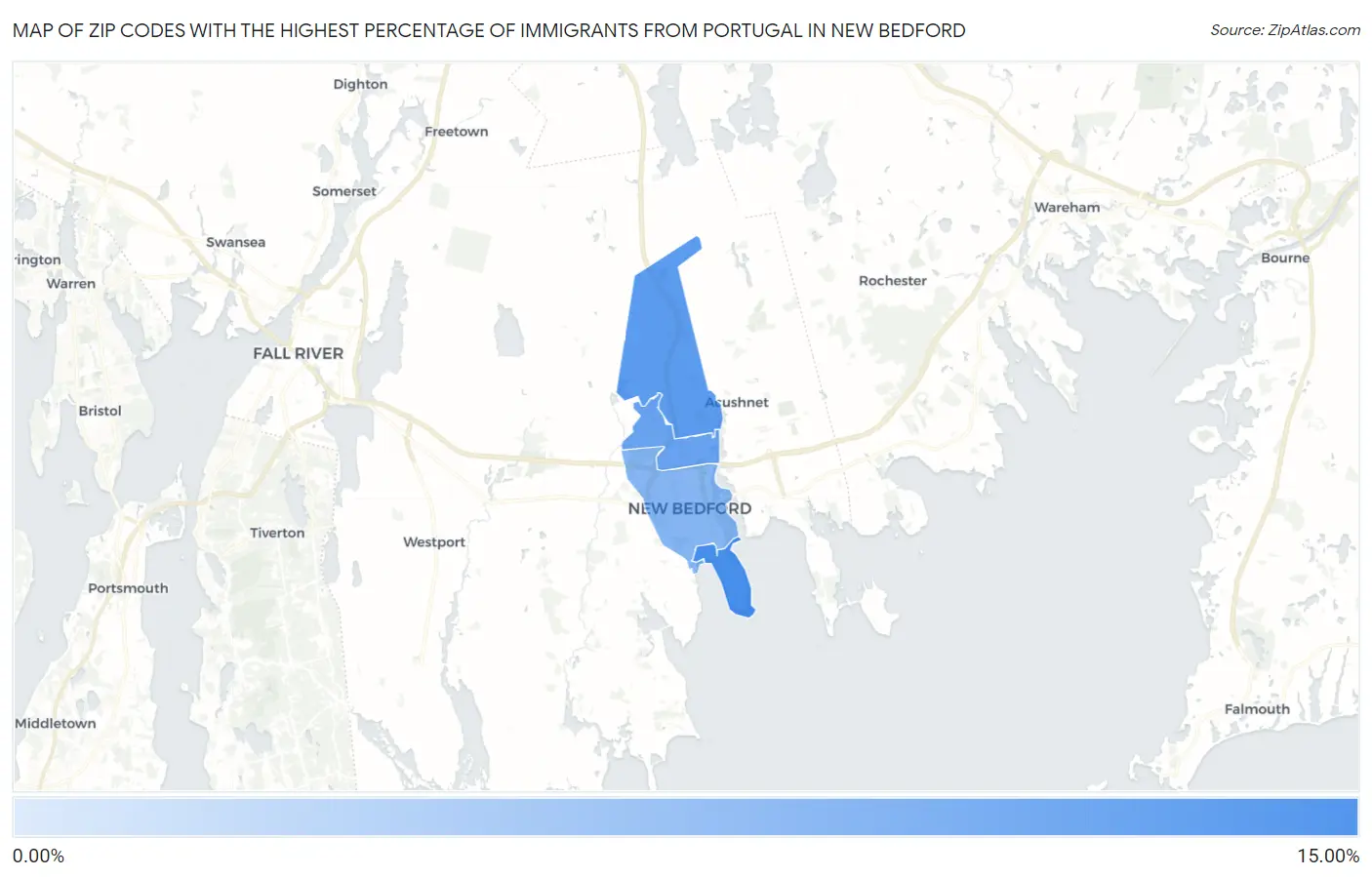 Zip Codes with the Highest Percentage of Immigrants from Portugal in New Bedford Map