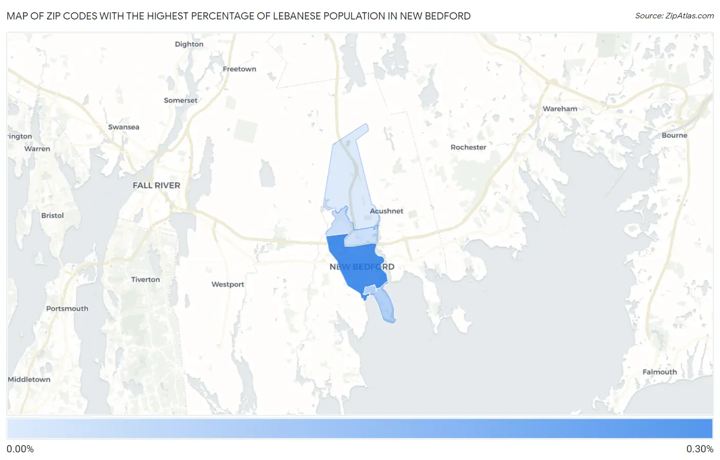 Zip Codes with the Highest Percentage of Lebanese Population in New Bedford Map