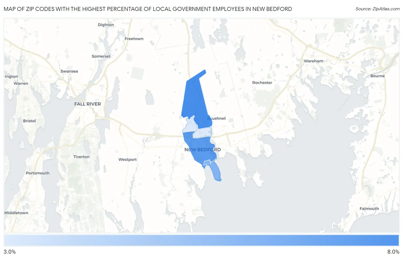 Zip Codes with the Highest Percentage of Local Government Employees in New Bedford Map