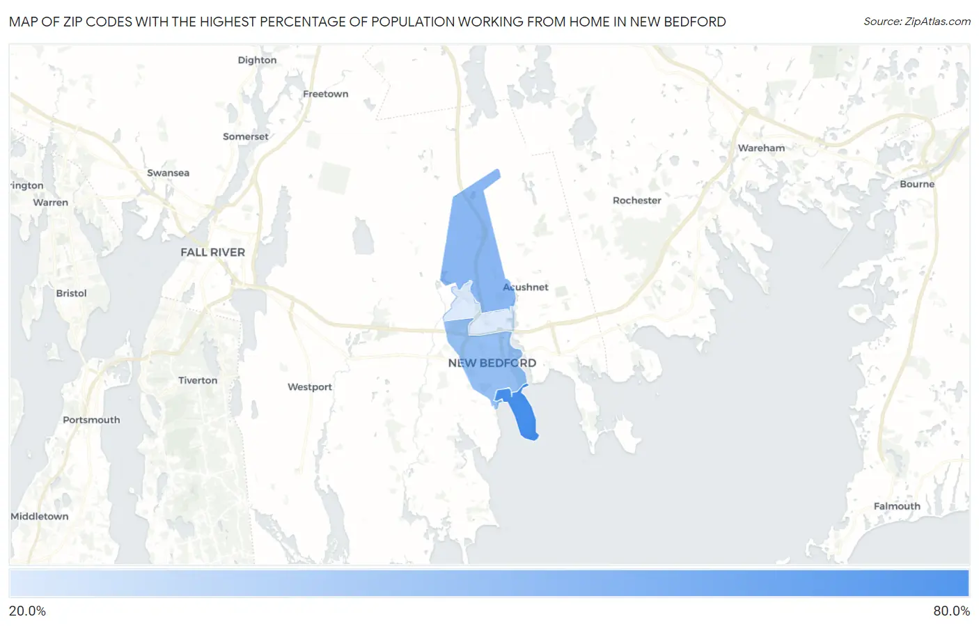 Zip Codes with the Highest Percentage of Population Working from Home in New Bedford Map