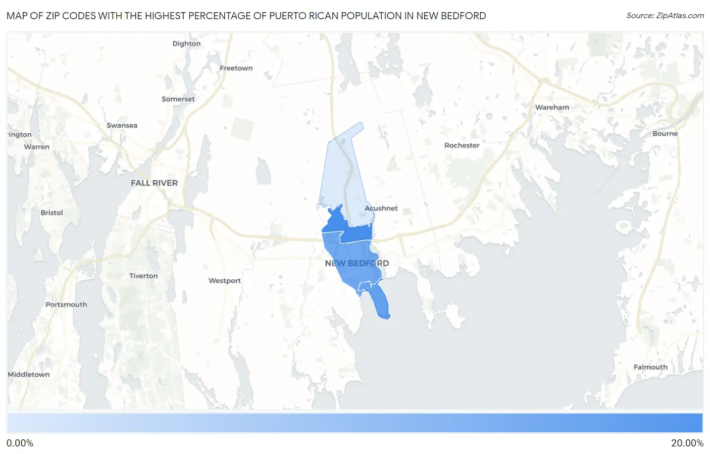 Zip Codes with the Highest Percentage of Puerto Rican Population in New Bedford Map