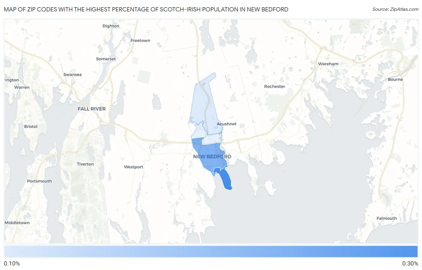 Zip Codes with the Highest Percentage of Scotch-Irish Population in New Bedford Map