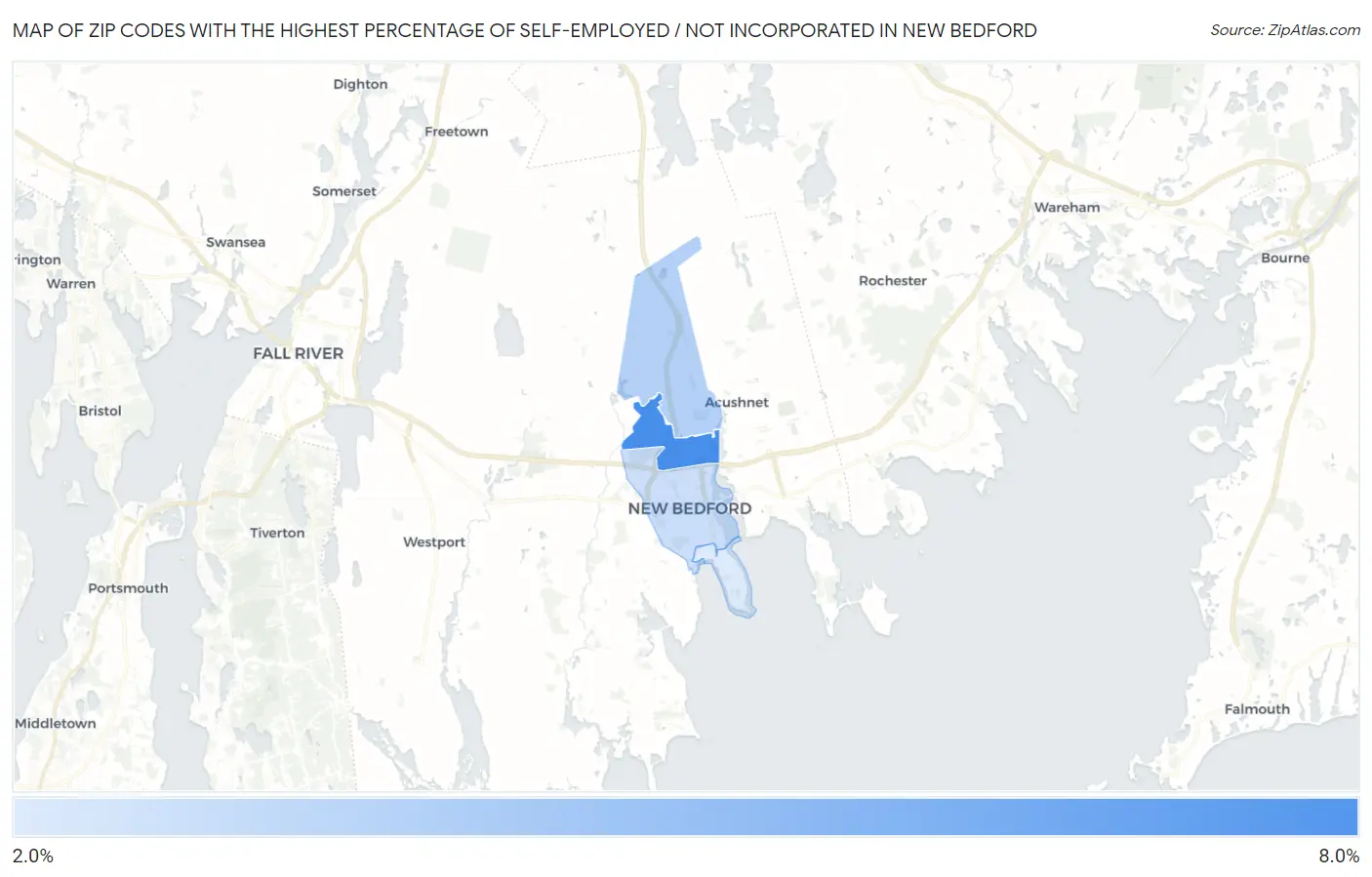 Zip Codes with the Highest Percentage of Self-Employed / Not Incorporated in New Bedford Map